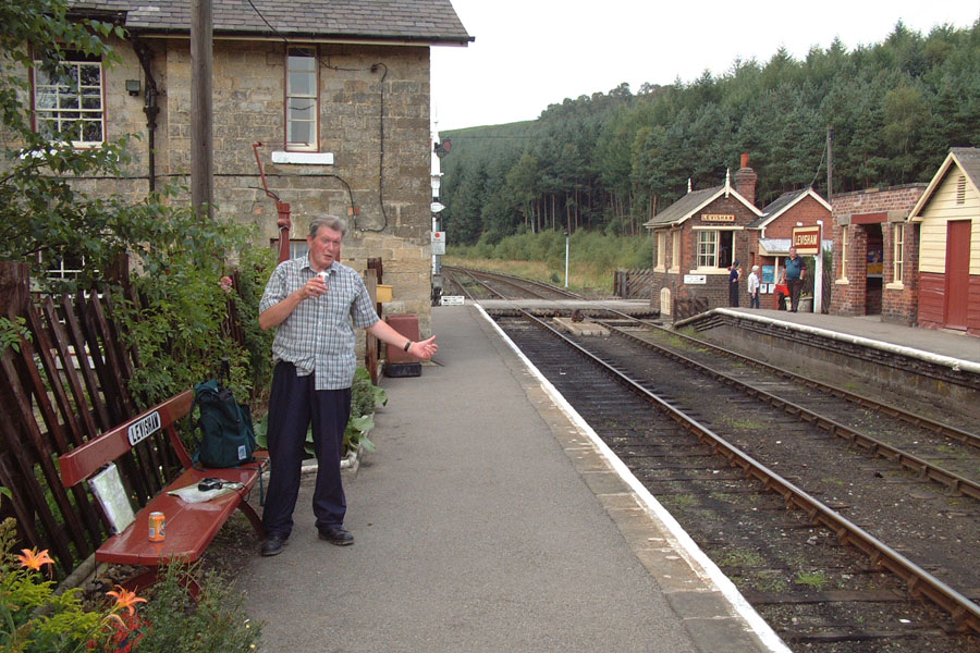 Brian waiting for a train at Levisham on the North York 
      Moors Railway, August 2001